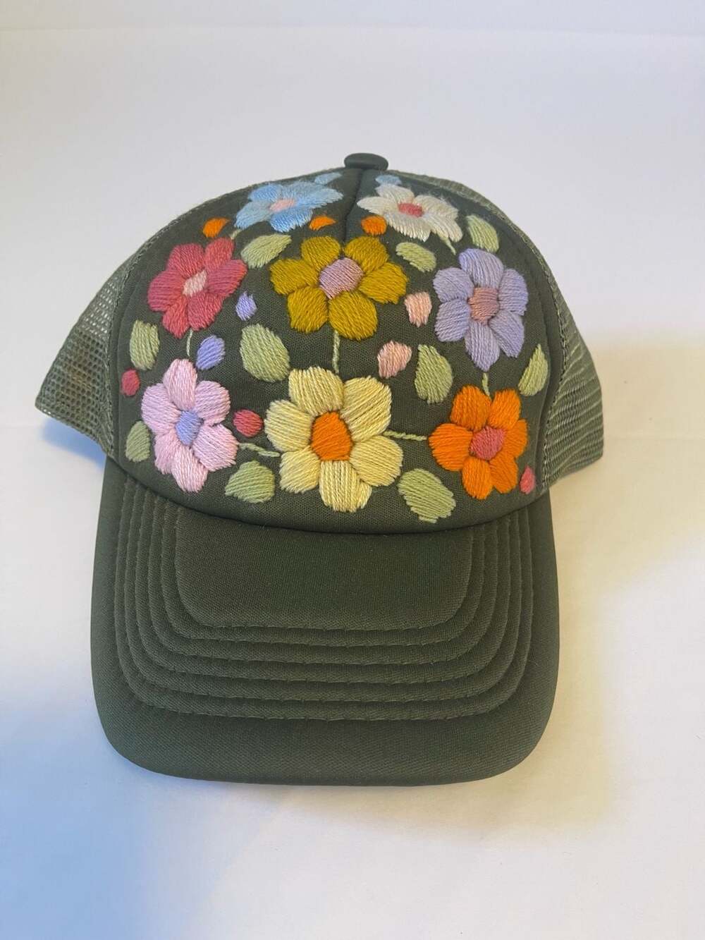 Tankus Tulum Hand Embroidered Floral Hat Cap Olive Green